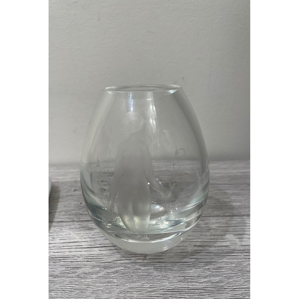 Holmegaard Hellasliard Etched Nude Crystal Vase Signed Danish Art Glass 14387-11